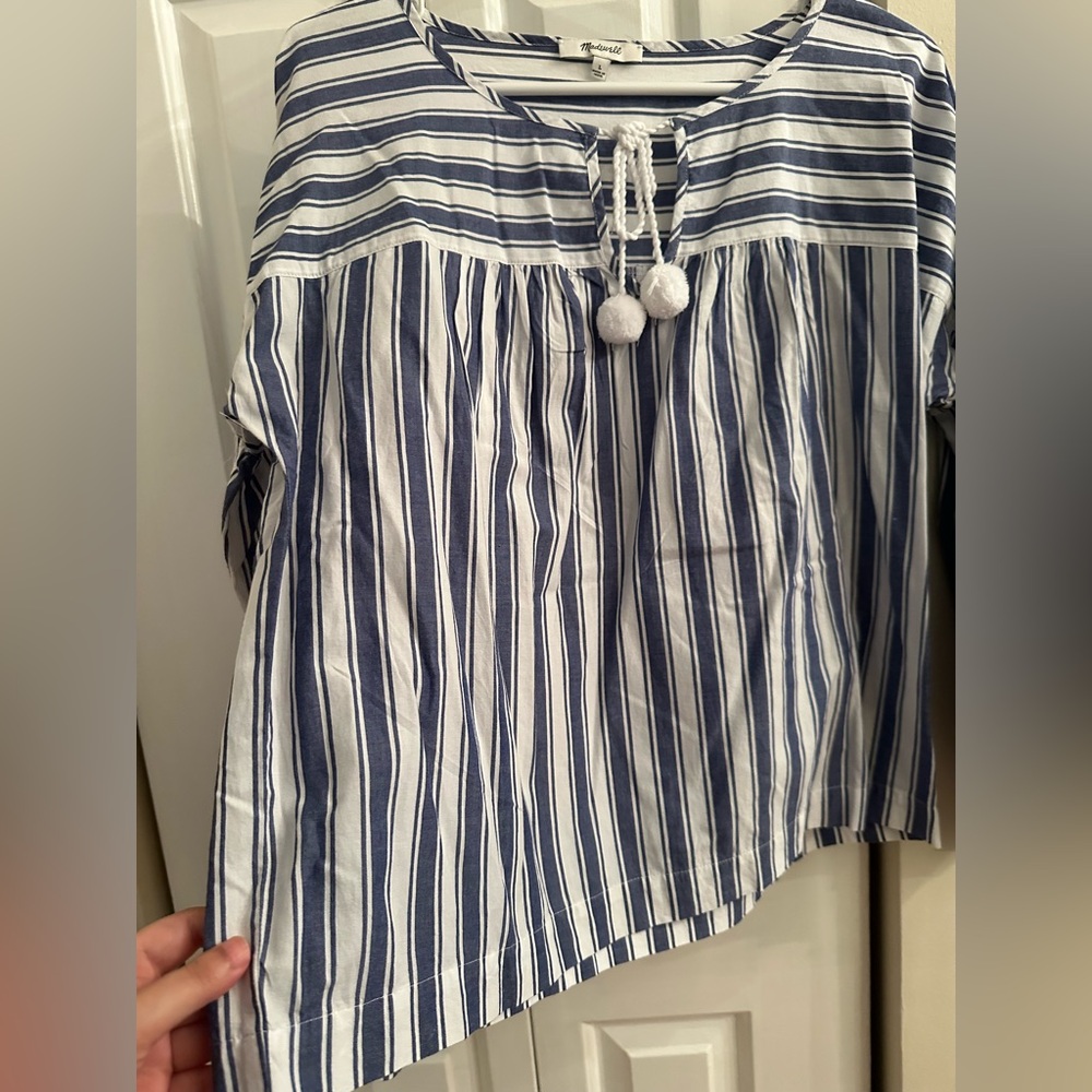Madewell 100% Cotton Striped Pom-Pom Tassel Blouse - Size L. - Picture 7 of 10